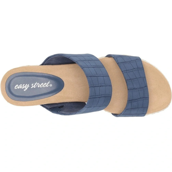 Easy Street Women’s Blue Maryann Faux Leather Embossed Wedge Rope Heels Size 12 - Picture 3 of 9